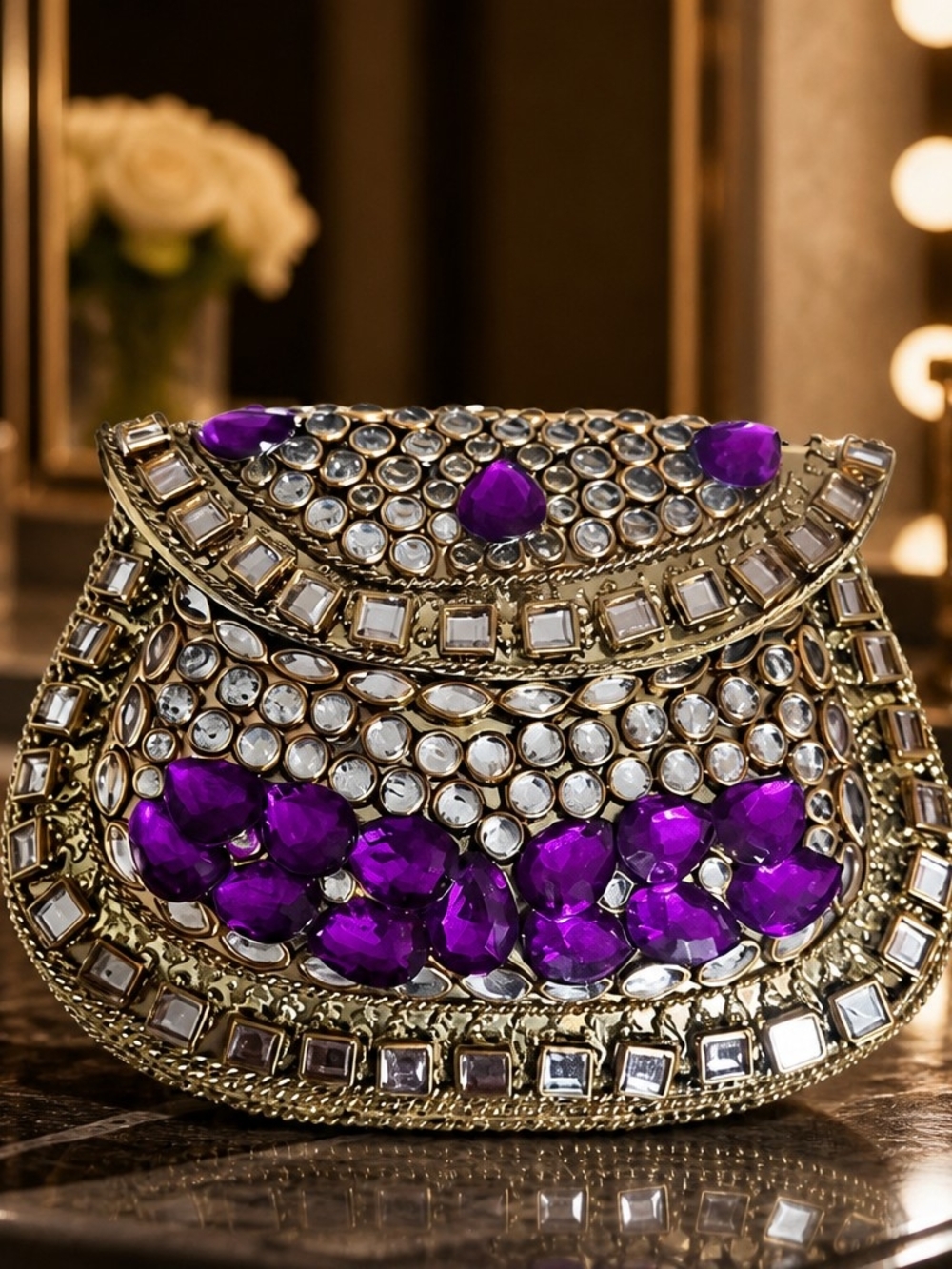Embellished Evening Clutch Bag in Purple and Gold